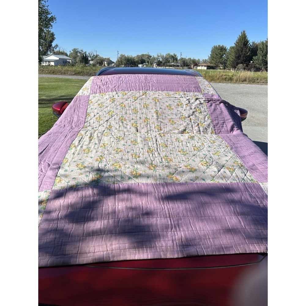 Vintage Handmade Quilt 84x74 Purple Floral Reversible Cottage Farmhouse